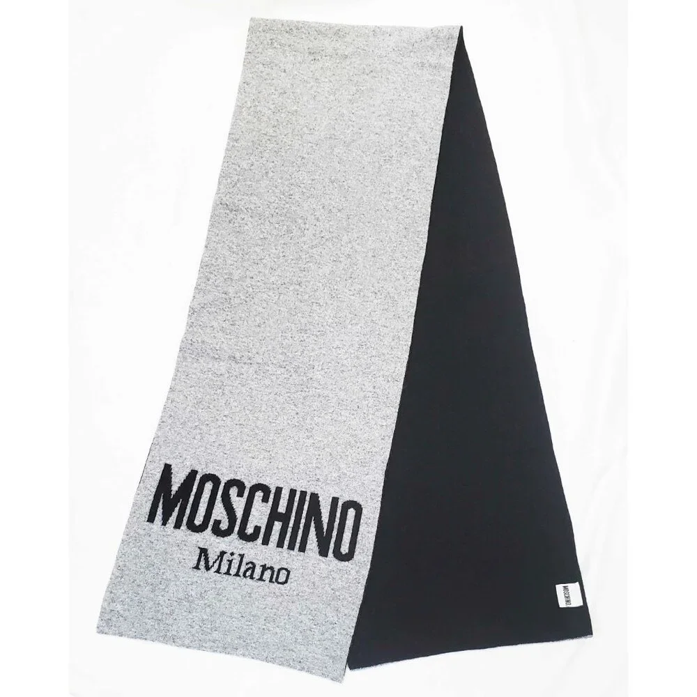 Moschino Unisex Wool Black Gray Logo Scarf Italy